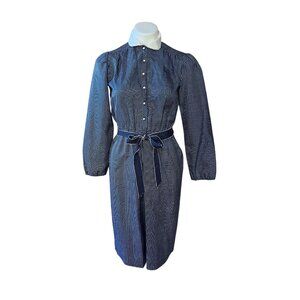 Vintage 1970s Navy Gingham Shirt Dress S White Collar & Sash Tie Button-Up Front